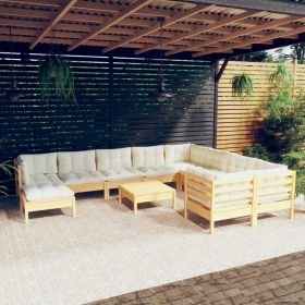 11 Piece Patio Lounge Set with Cream Cushions Pinewood
