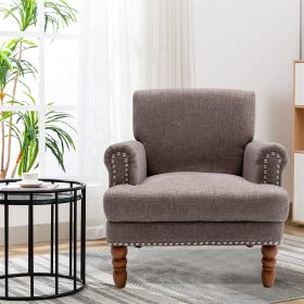 Cotton Accent Chair Mid-Century Modern Living Room Armchair with Nailhead Trim & Wood Legs Comfy Upholstered Single Sofa Chair for Lounge/Bedroom/Rece