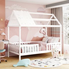 Twin Size Wood House Bed with Fence, White