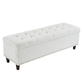 51 Inches 131*41*42cm Teddy Velvet With Storage Copper Nails Bedside Stool Footstool Off-White