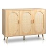 Modern Rattan Shoe Storage Cabinet with 3 Doors and Adjustable Shelves, Accent Cabinet for Living Room, Bedroom, Hallway (Wood Color)