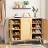 Modern Rattan Shoe Storage Cabinet with 3 Doors and Adjustable Shelves, Accent Cabinet for Living Room, Bedroom, Hallway (Wood Color)