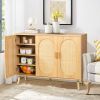 Modern Rattan Shoe Storage Cabinet with 3 Doors and Adjustable Shelves, Accent Cabinet for Living Room, Bedroom, Hallway (Wood Color)