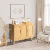 Modern Rattan Shoe Storage Cabinet with 3 Doors and Adjustable Shelves, Accent Cabinet for Living Room, Bedroom, Hallway (Wood Color)