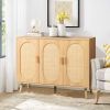Modern Rattan Shoe Storage Cabinet with 3 Doors and Adjustable Shelves, Accent Cabinet for Living Room, Bedroom, Hallway (Wood Color)