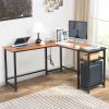 L-Shaped Desktop Computer Desk with Power Outlets & Shelf Tiger wood