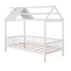 Twin Size Wood House Bed with Fence, White