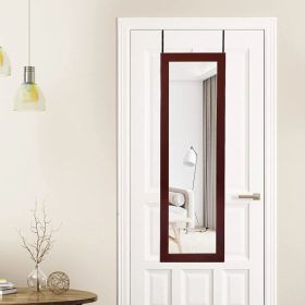 Lockable Wall Door Mounted Mirror Jewelry Cabinet with LED Lights (Color: Brown)